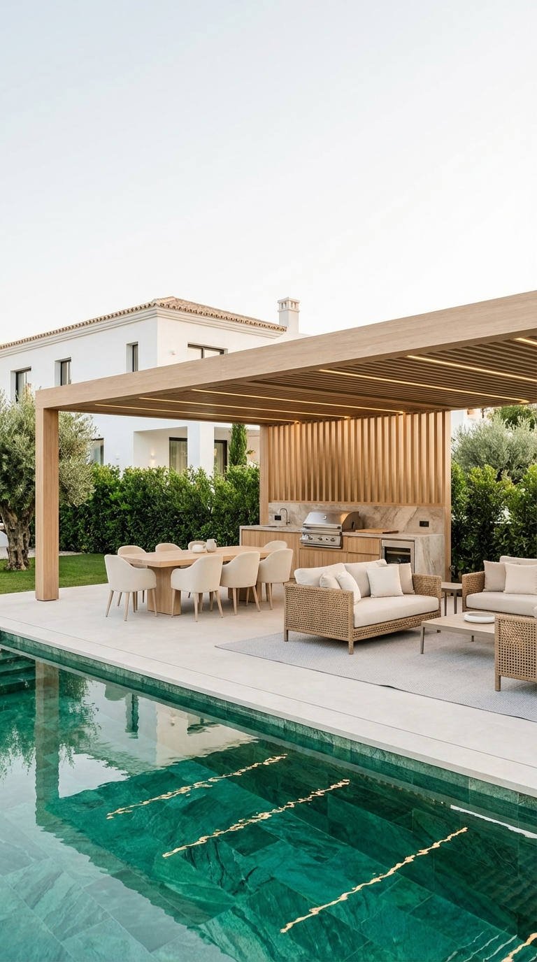 pergola bois cuisine exterieure piscine