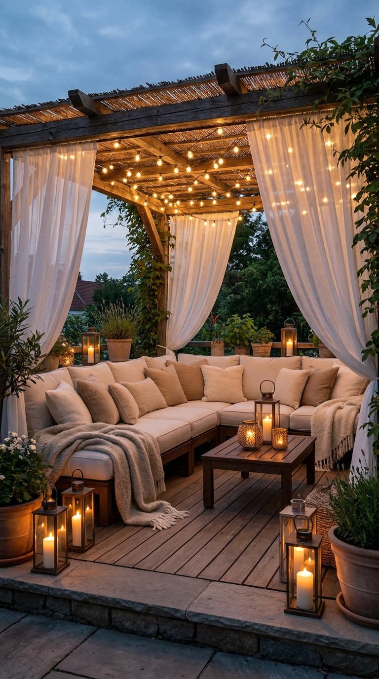 pergola rideaux blancs salon douillet