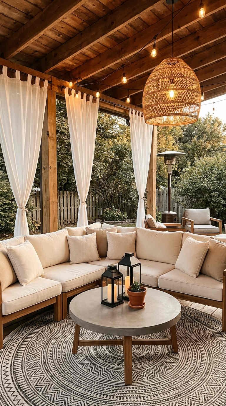 salon exterieur bois rideaux blancs