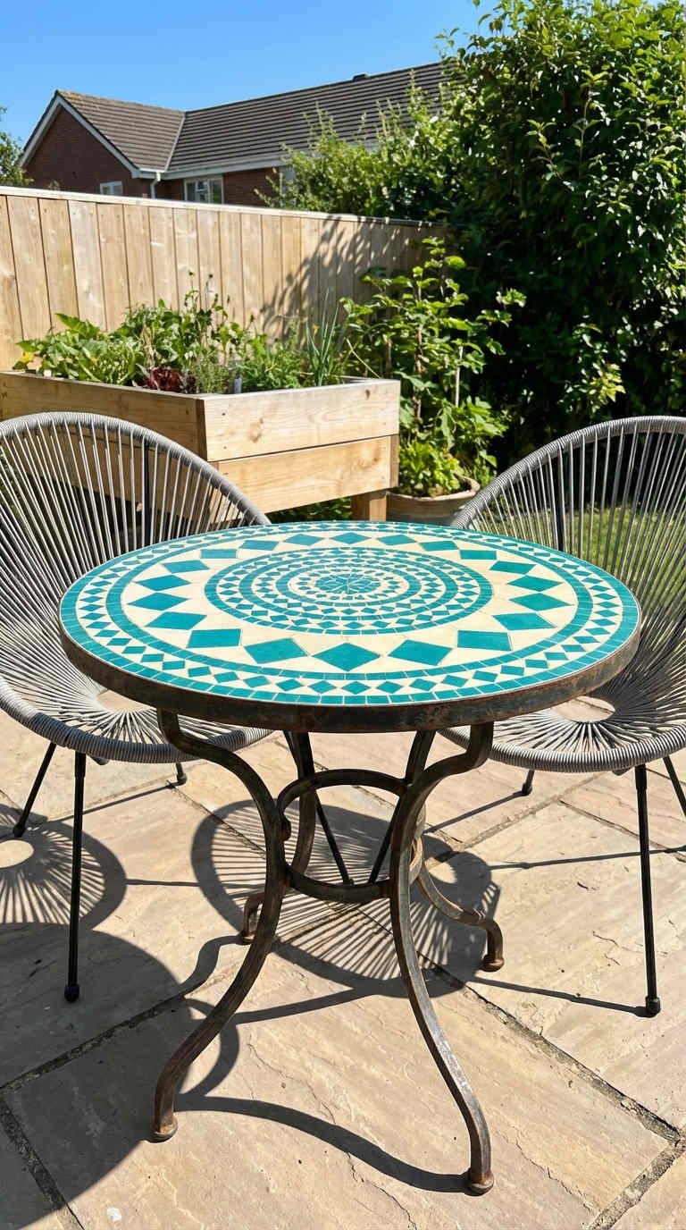 table mosaique turquoise creme patio chaises