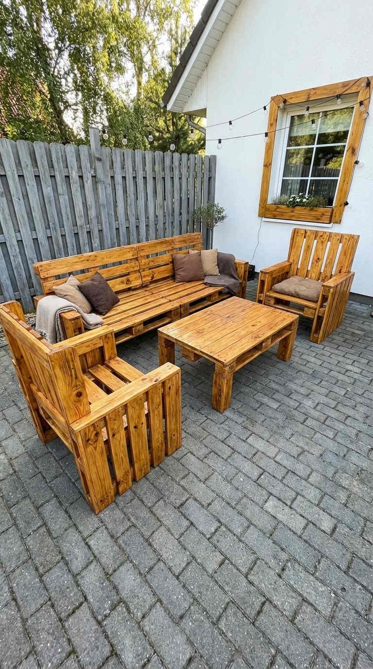 terrasse palette bois miel ensemble complet