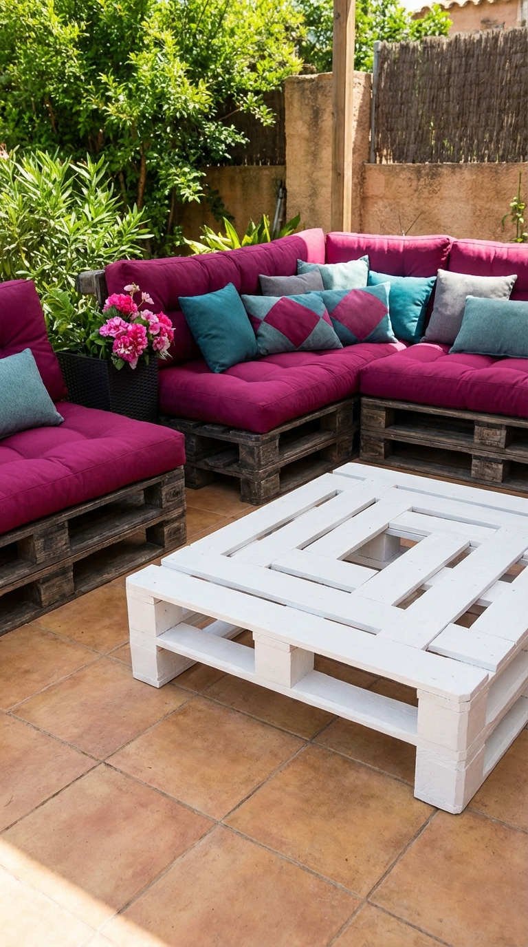 terrasse palette magenta teal carrelage