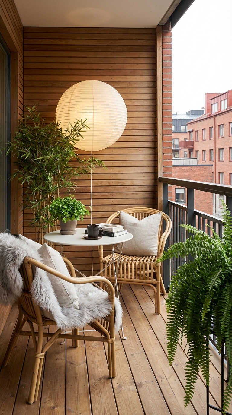 balcon bois rotin lanterne papier