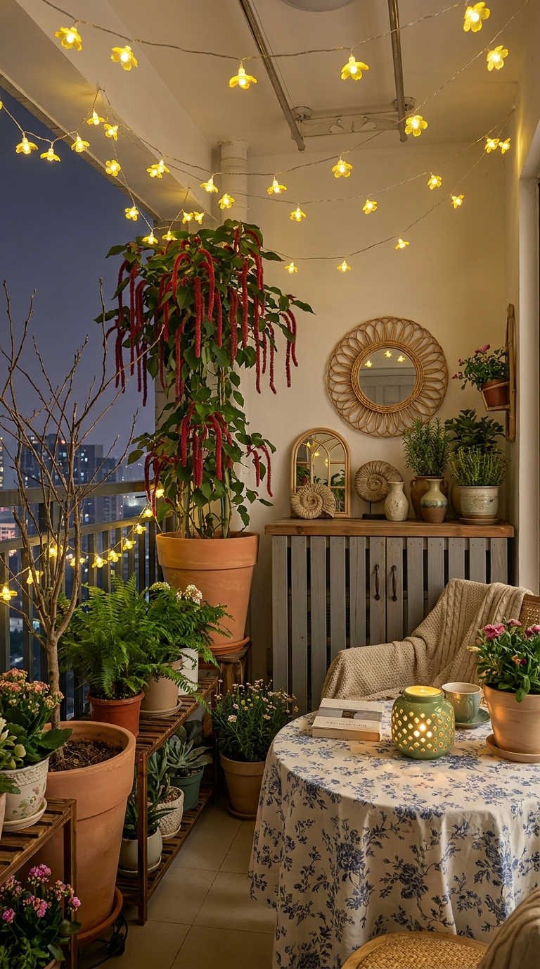 balcon table ronde fleurs lumieres