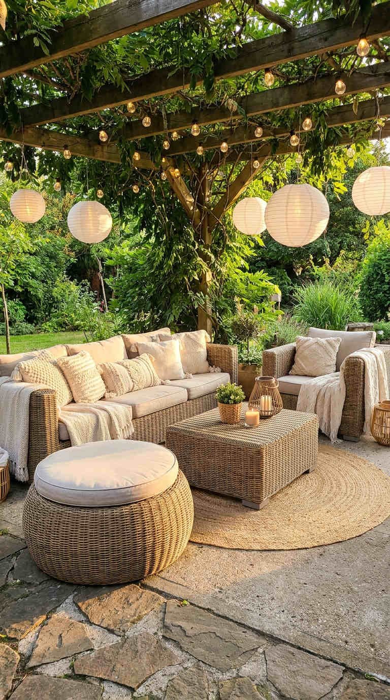 jardin guinguette rotin lampions vegetal