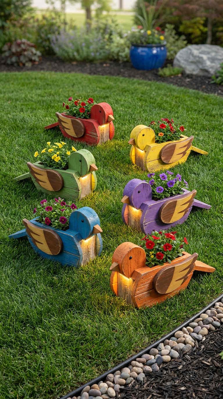 oiseaux bois jardinieres colorees