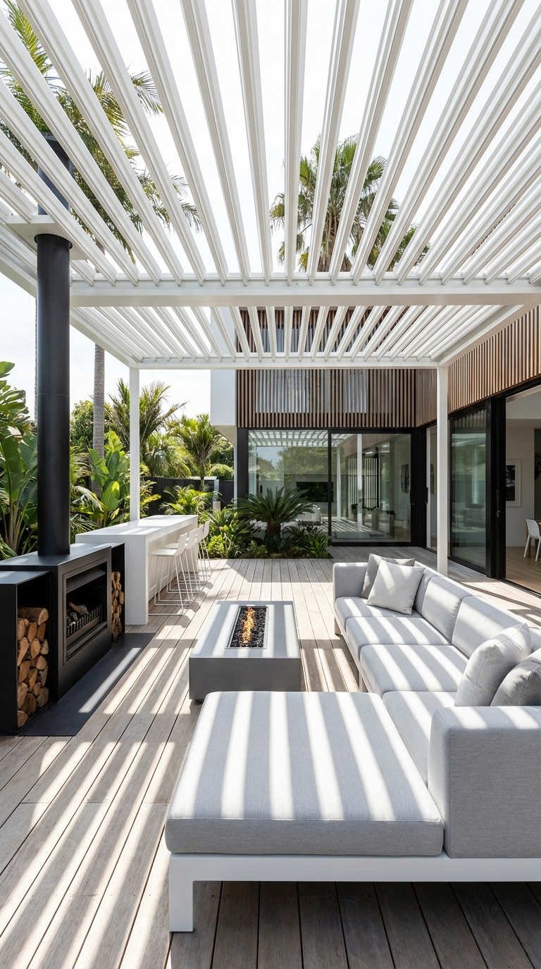 pergola blanche canape gris brasero