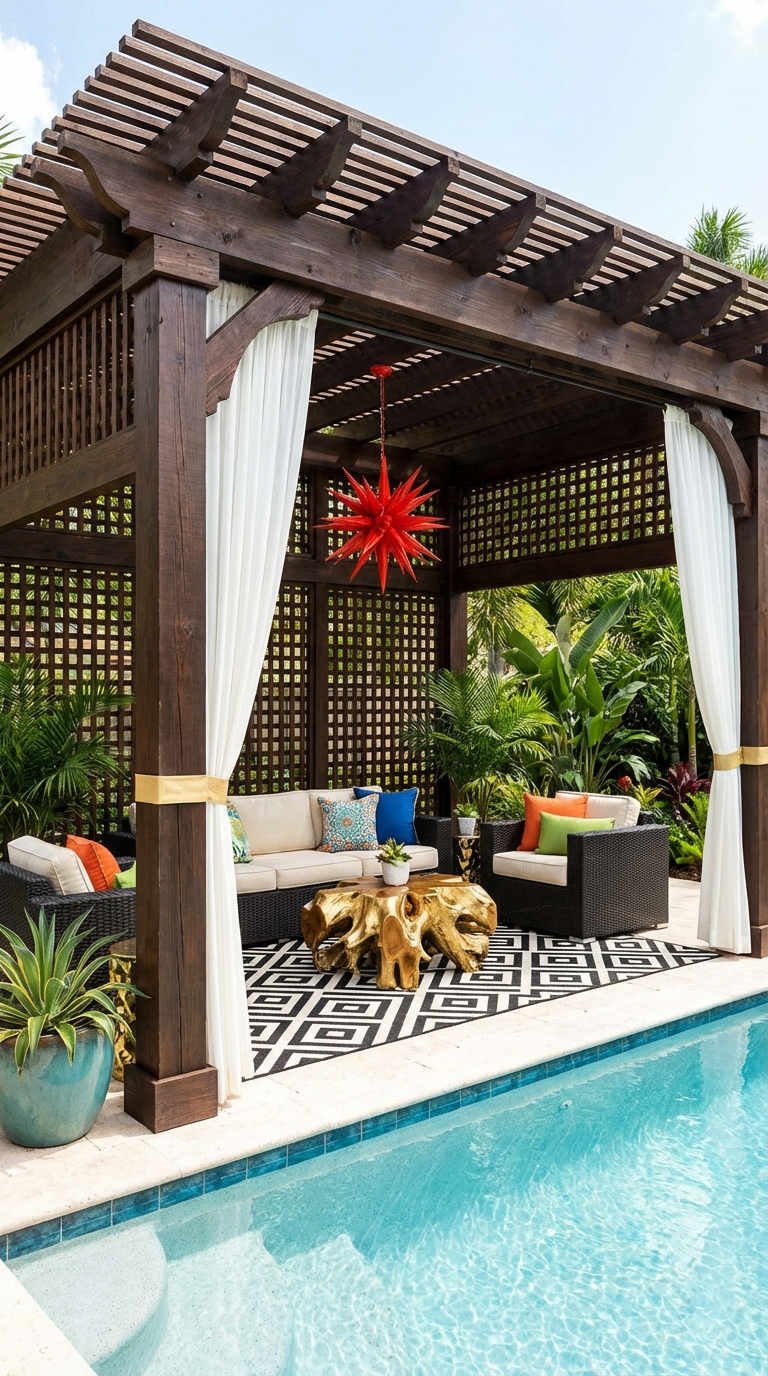 pergola sombre piscine voilages lustre