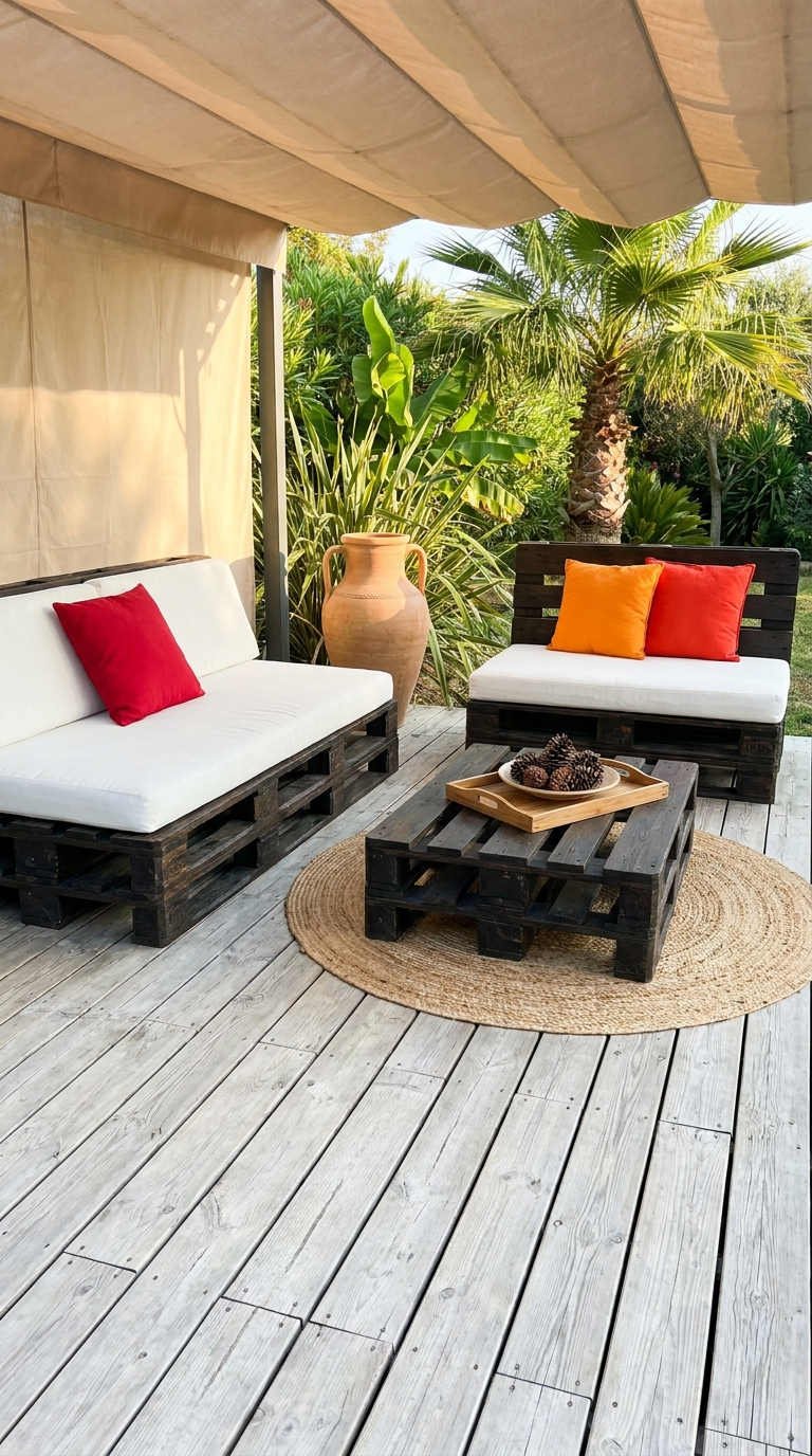 salon palettes noires coussins vifs