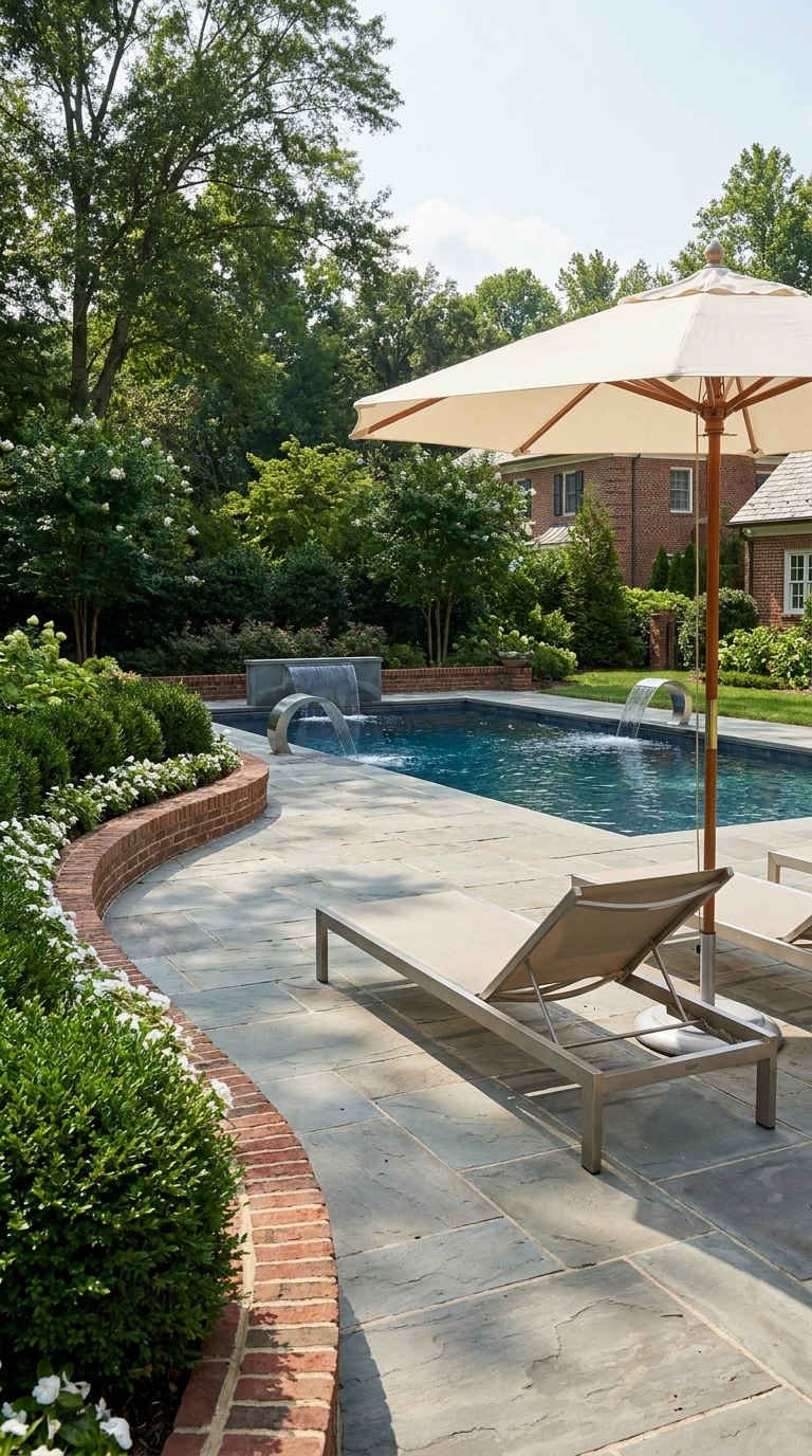 terrasse courbe piscine jardin vert