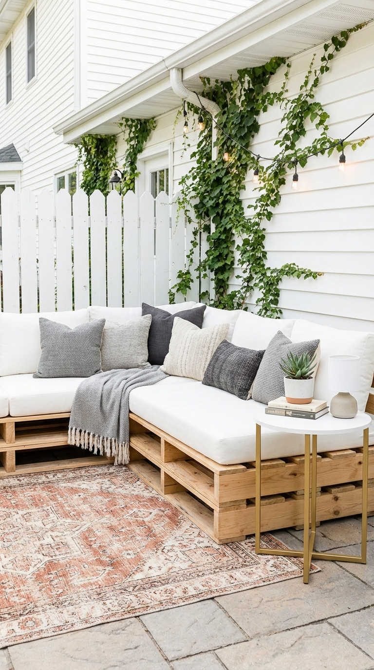 terrasse palette bois clair coussins blancs lierre