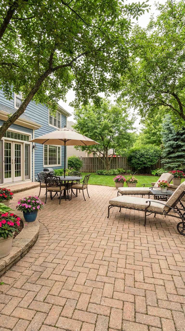 terrasse paves arbres chaises longues