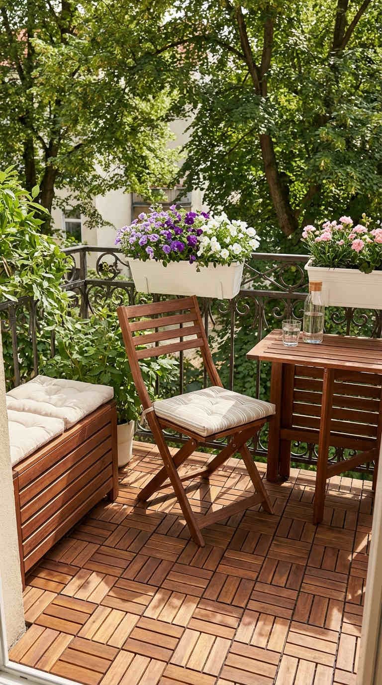 balcon banc coffre table bois fleurs