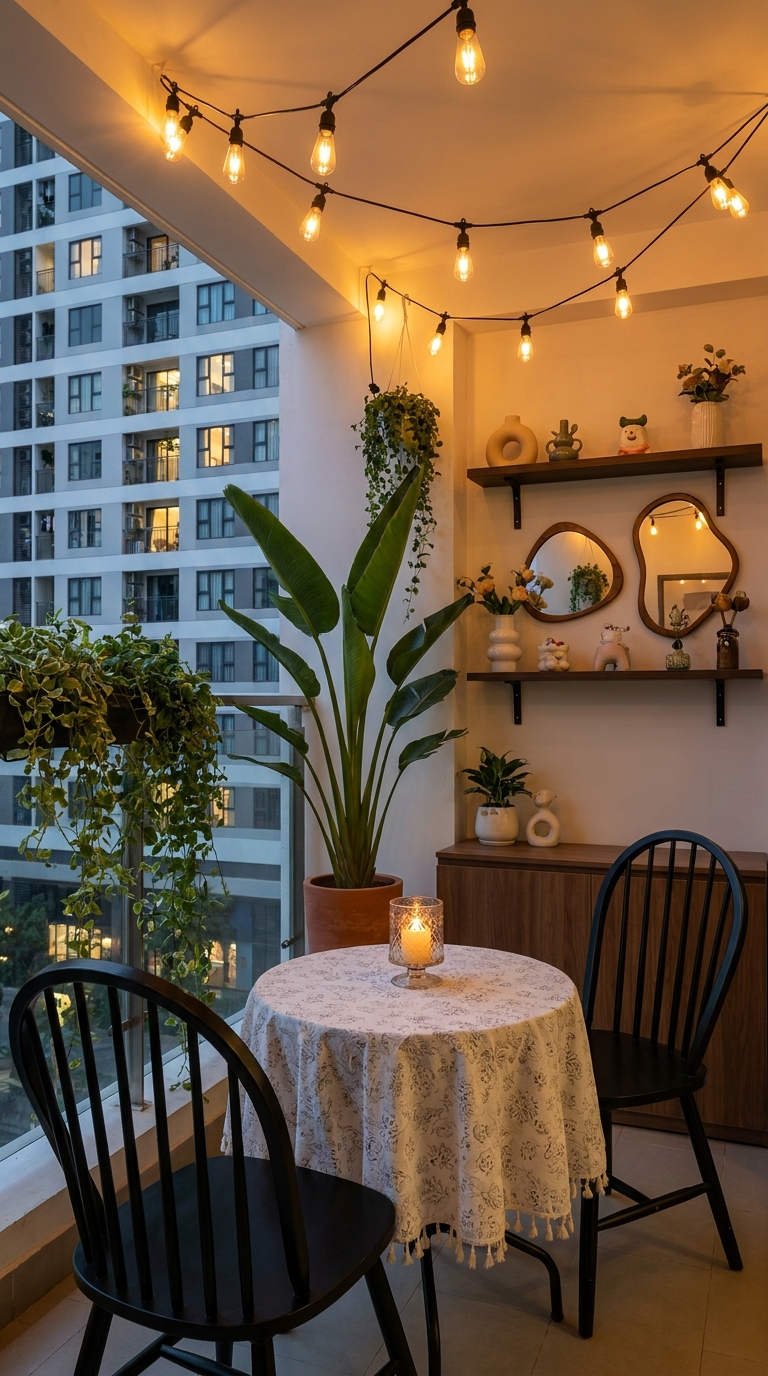 balcon minimaliste chaises noires etageres