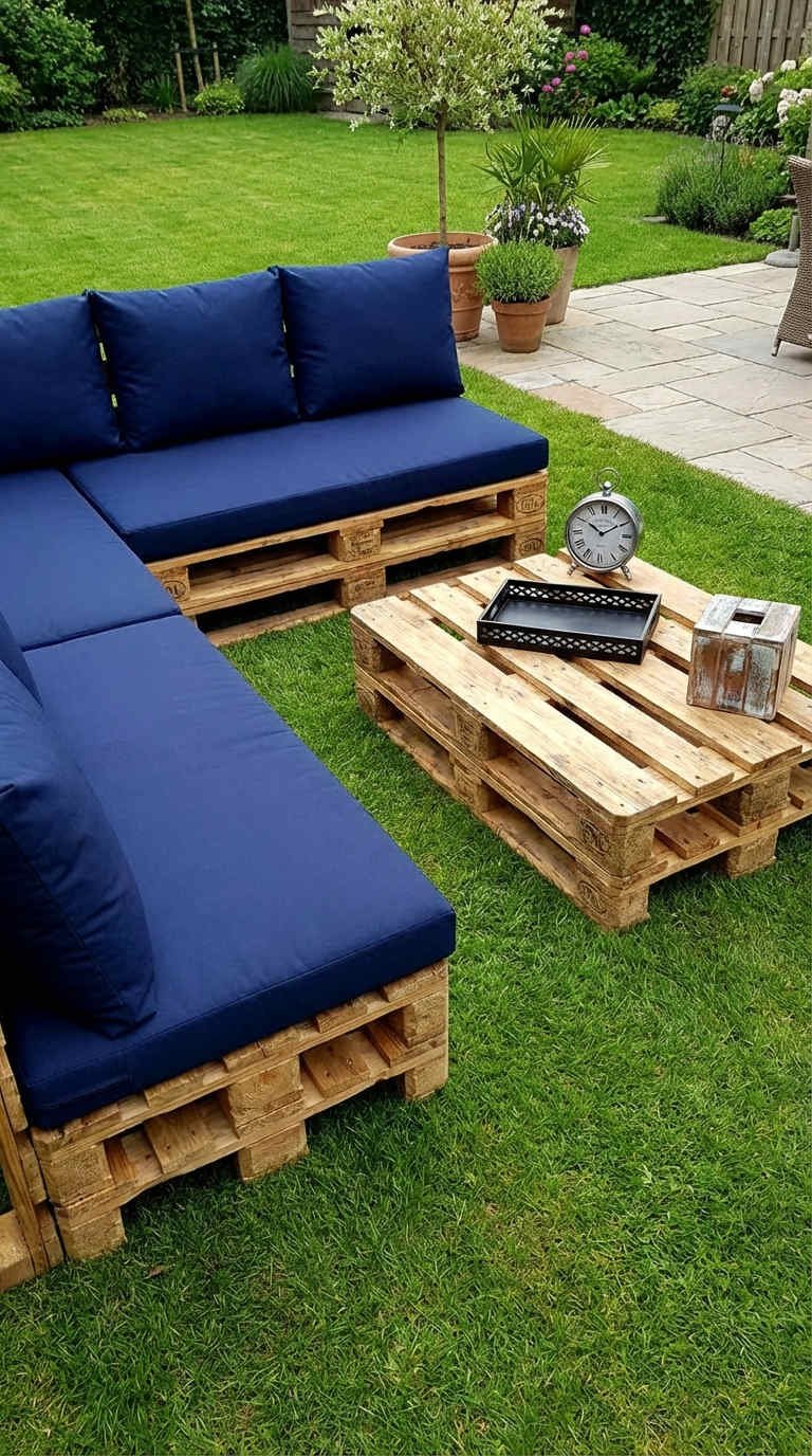 canape palette bleu nuit pelouse