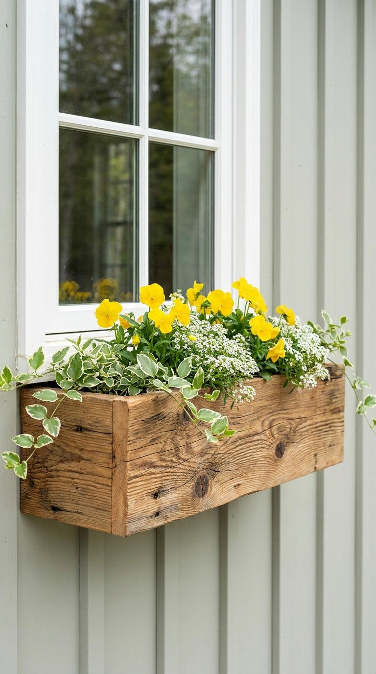 jardiniere bois pensees jaunes