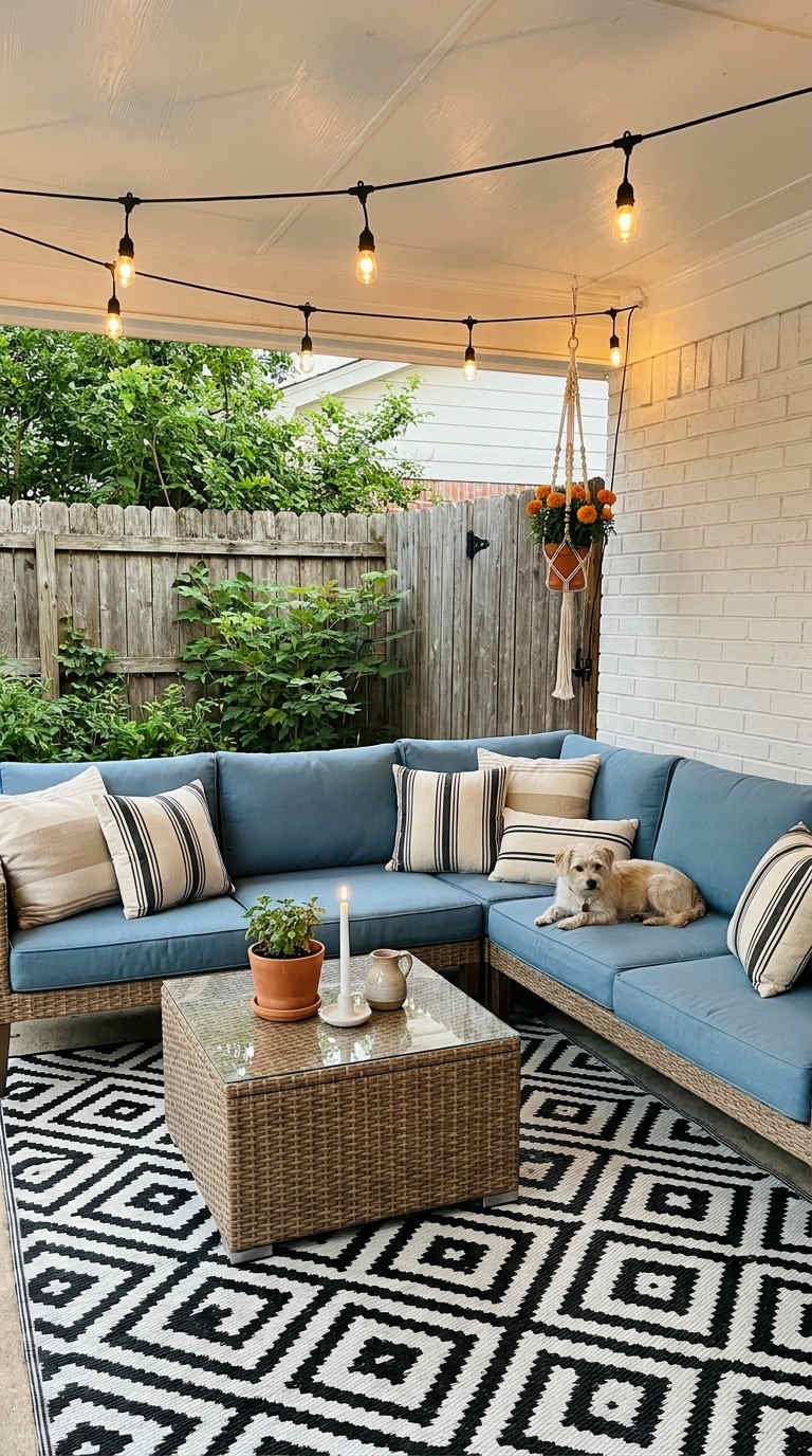 patio bleu tapis graphique couvert