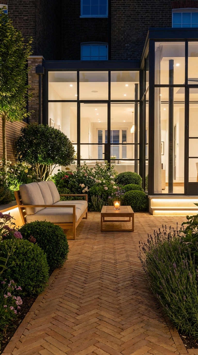 patio soiree brique canape bois eclairage