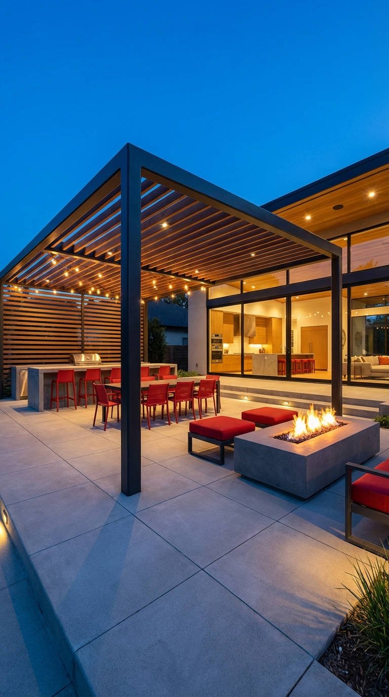 pergola noire chaises rouges brasero