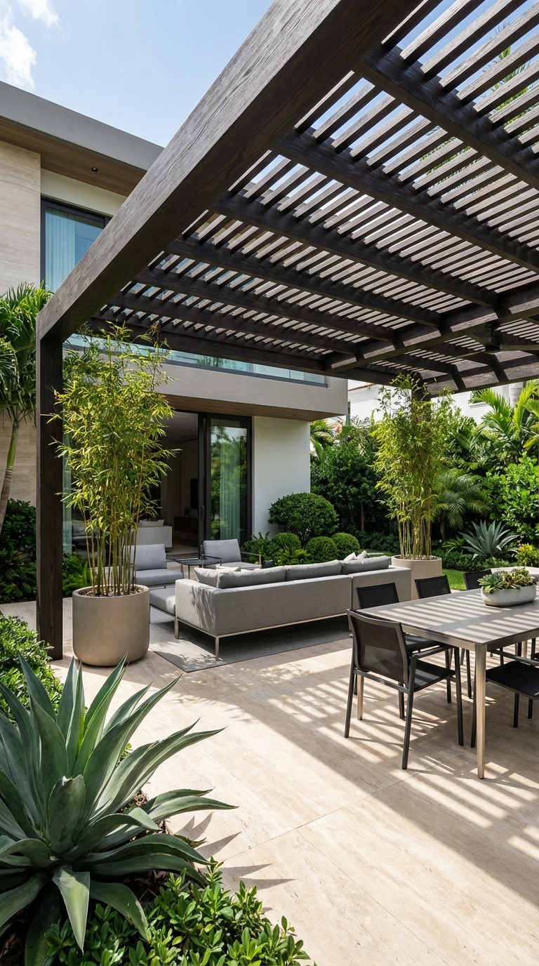 pergola sombre salon gris bambou