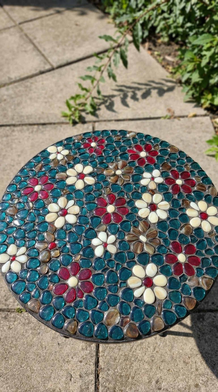 table mosaique florale bleu bordeaux patio