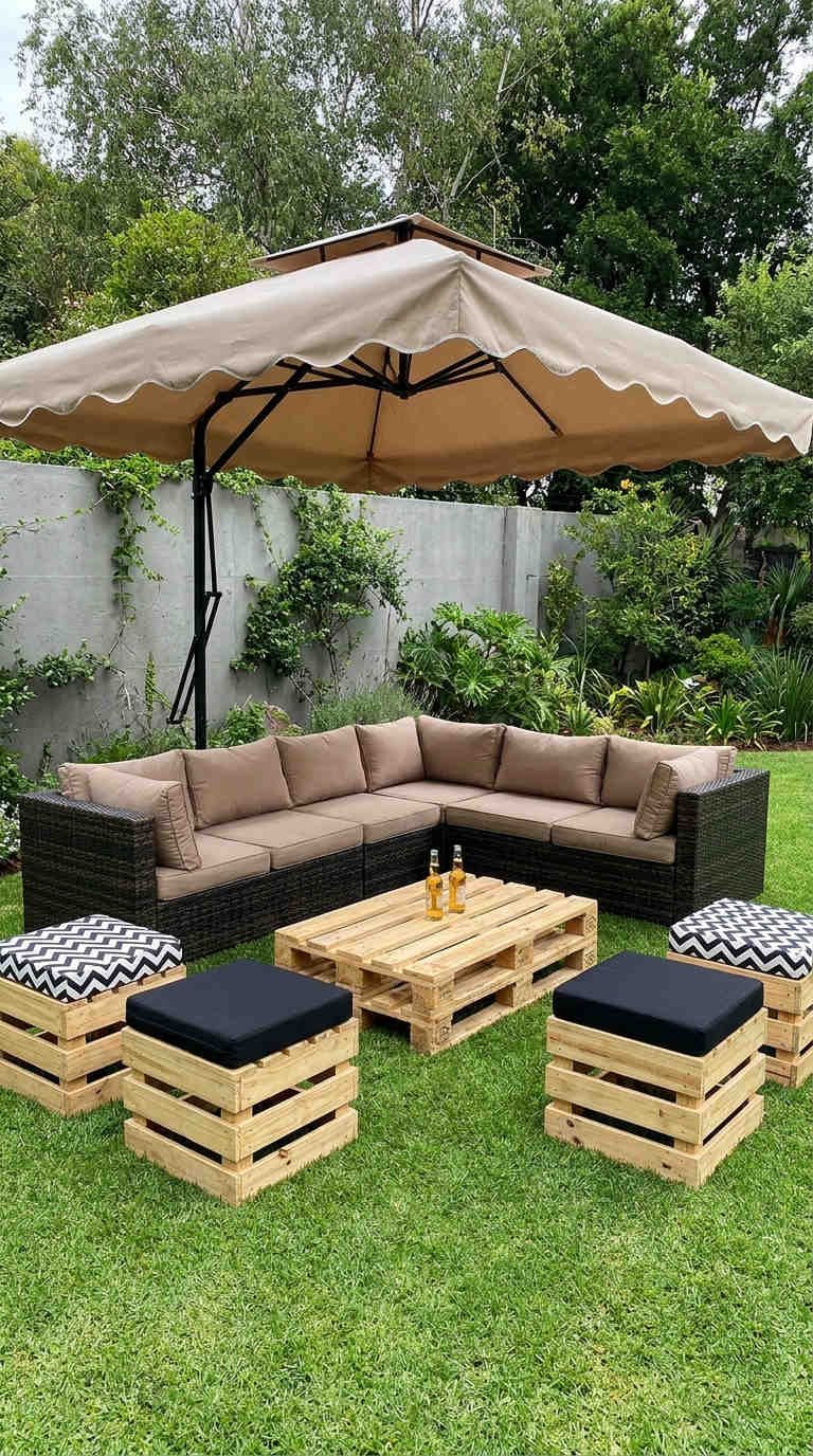 tabourets palette jardin parasol
