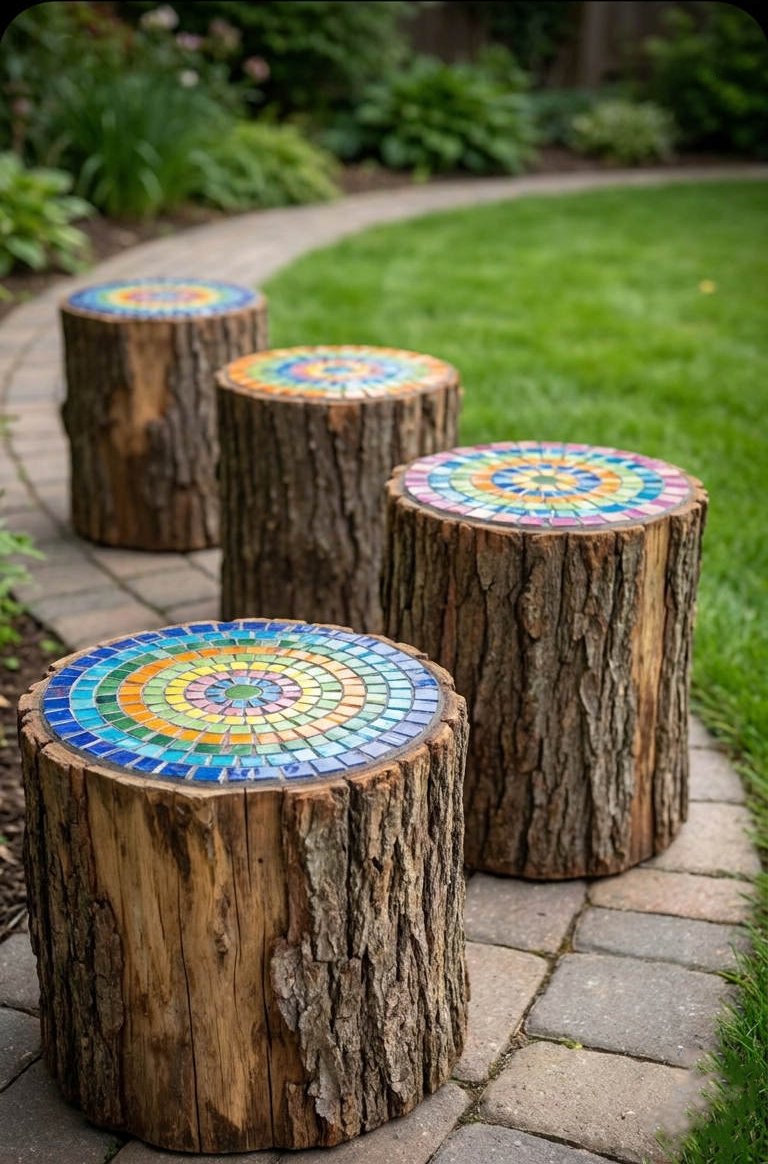 tabourets rondins mosaique jardin