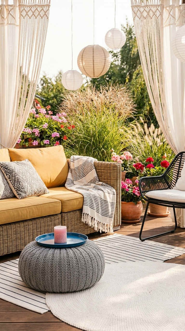 terrasse boheme lanternes macrame fleurs