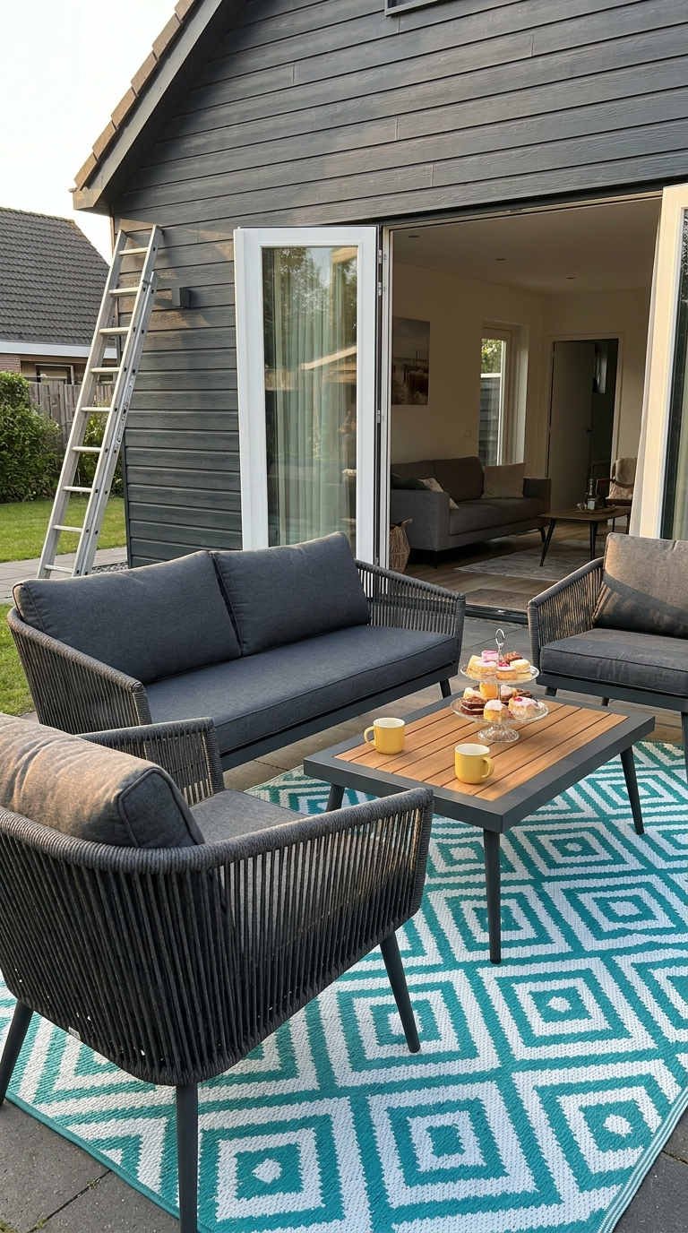 terrasse tapis graphique mobilier anthracite