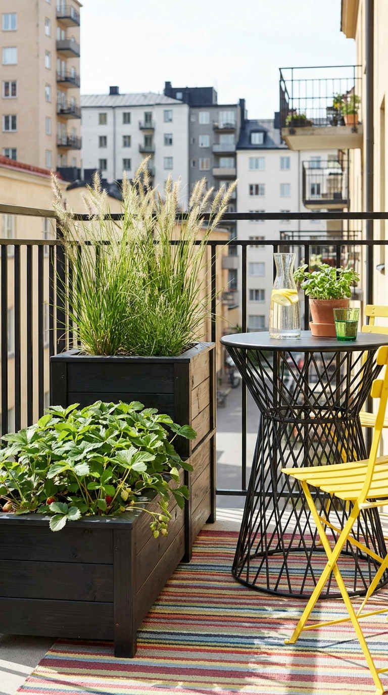 balcon fraisiers herbes tapis raye chaise jaune