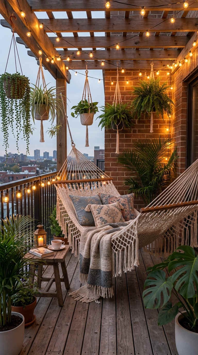 balcon hamac plantes guirlandes bois