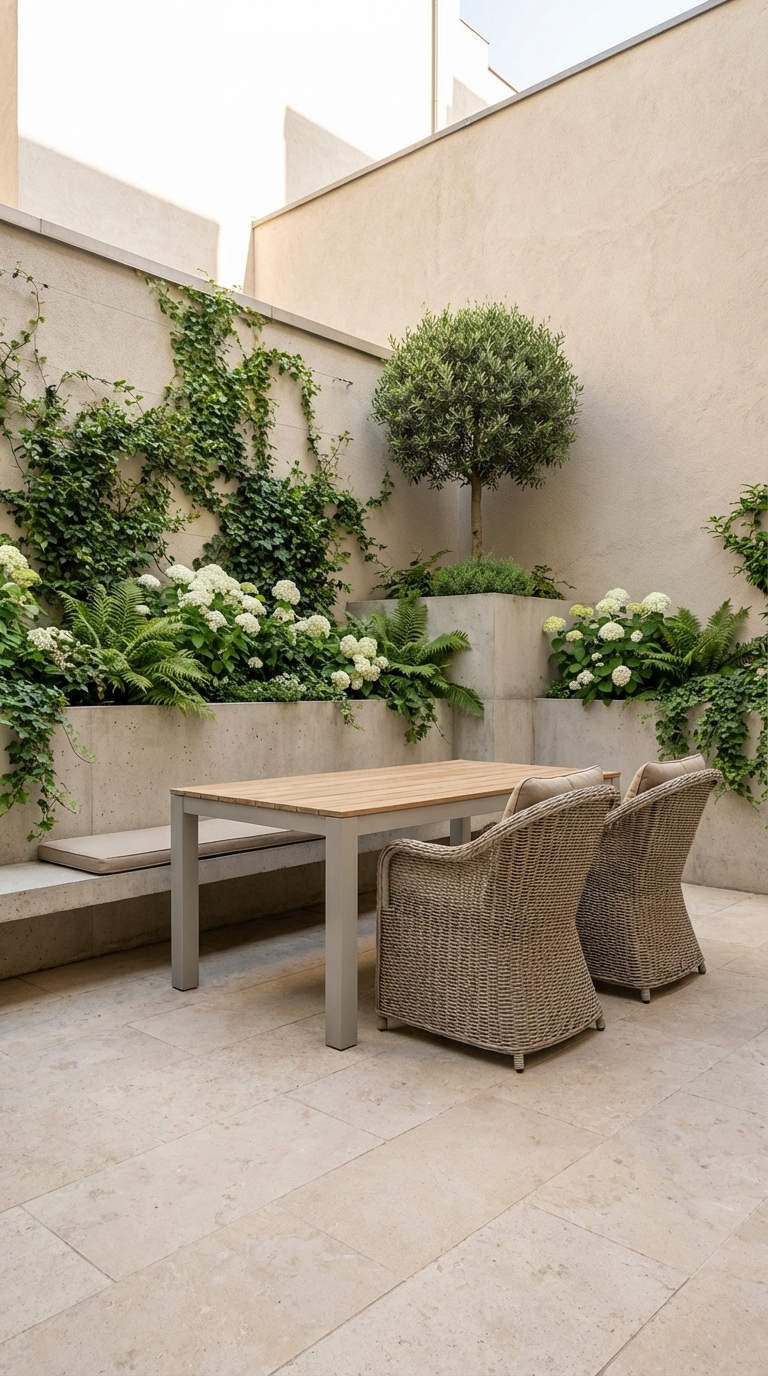 cour travertin hortensias olivier fauteuils