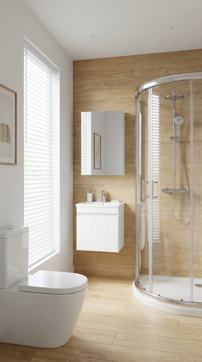 douche angle bois clair minimaliste