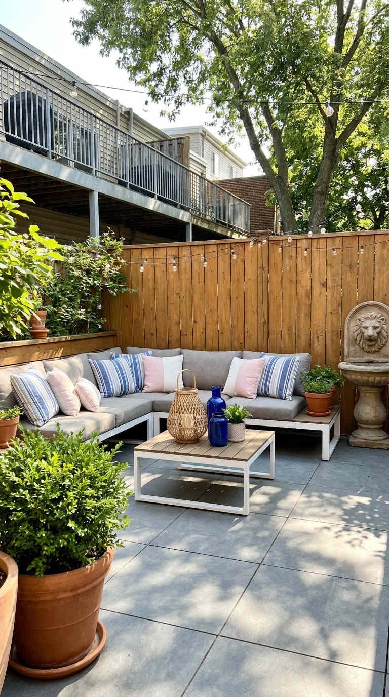 patio intimiste banquette bois plantes