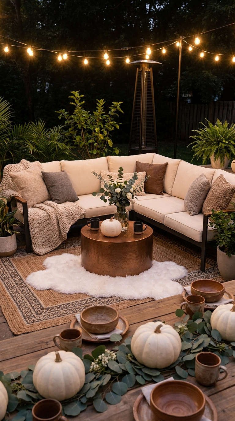 salon jardin guirlandes automne cosy