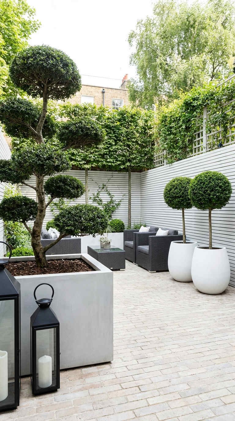 terrasse arbres sculptes salon gris