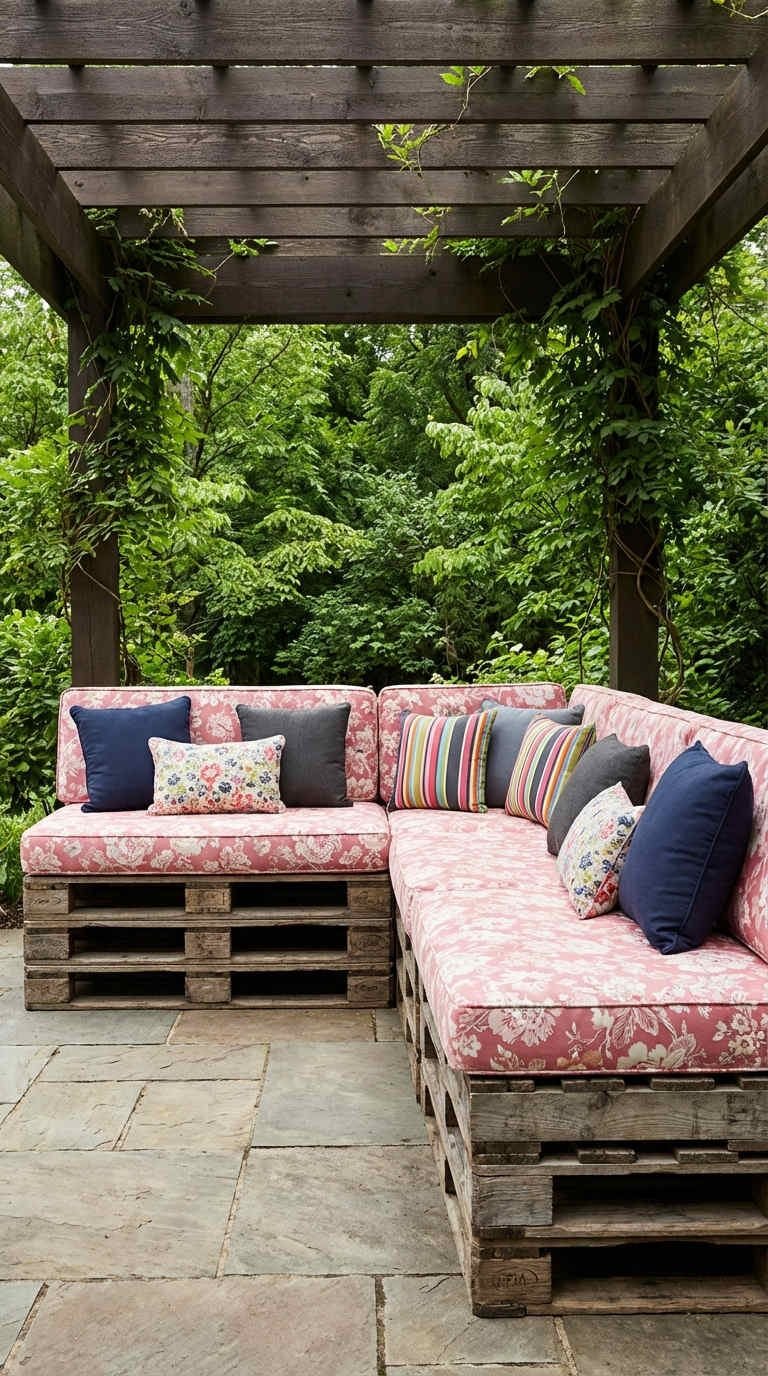 terrasse palette pergola coussins fleuris