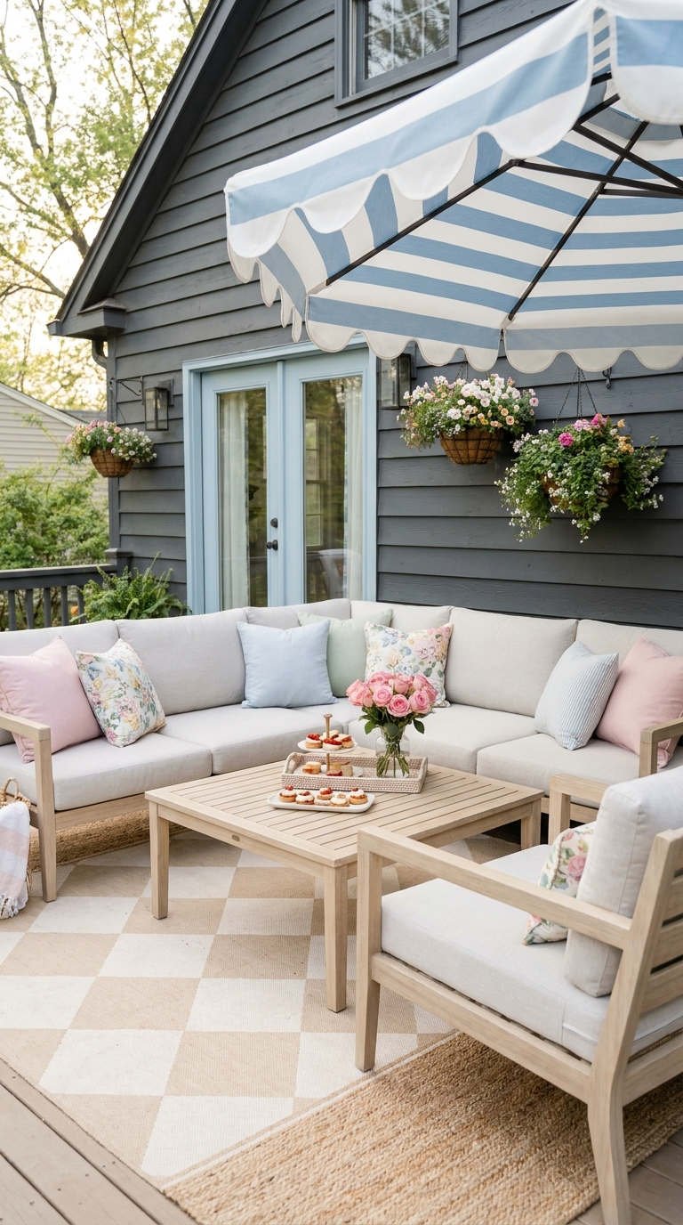 terrasse pastel parasol raye fauteuils