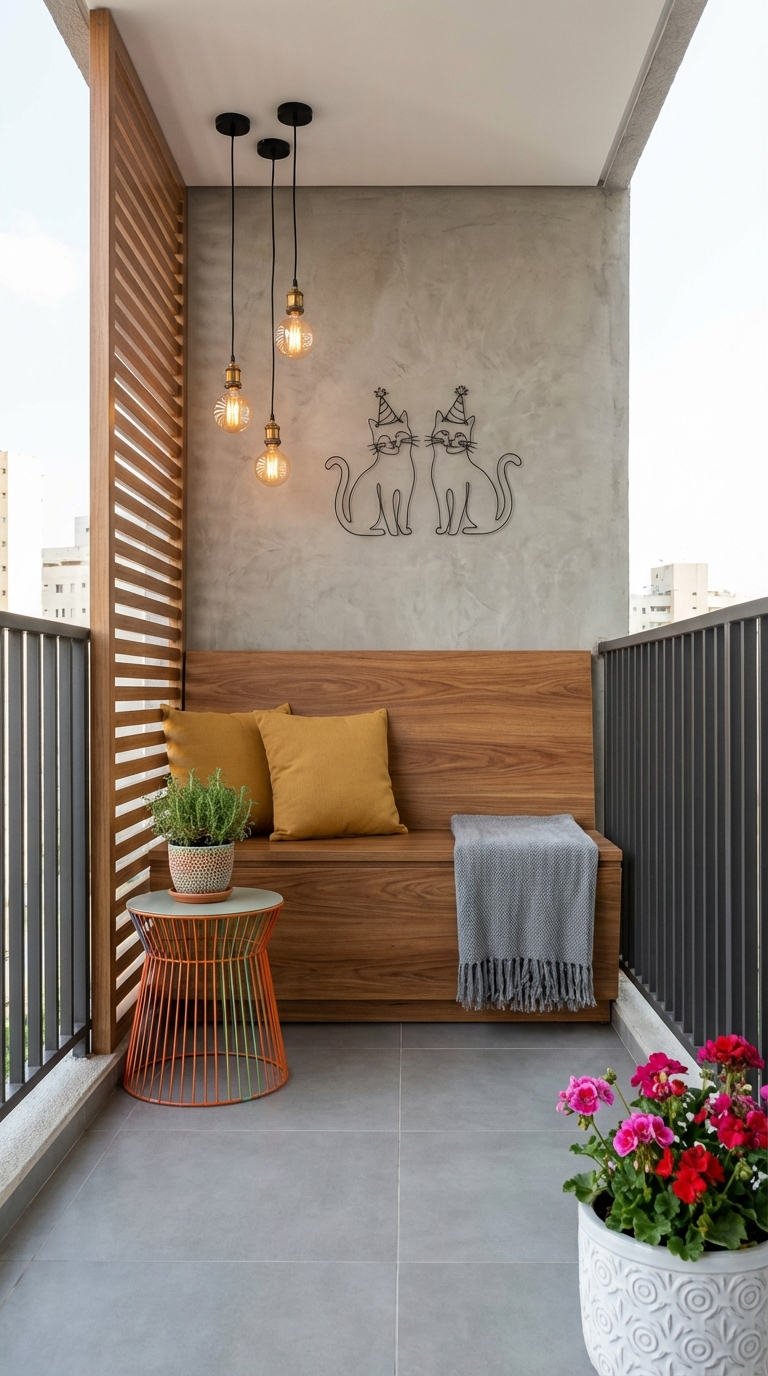 balcon banquette bois beton coussins ocre