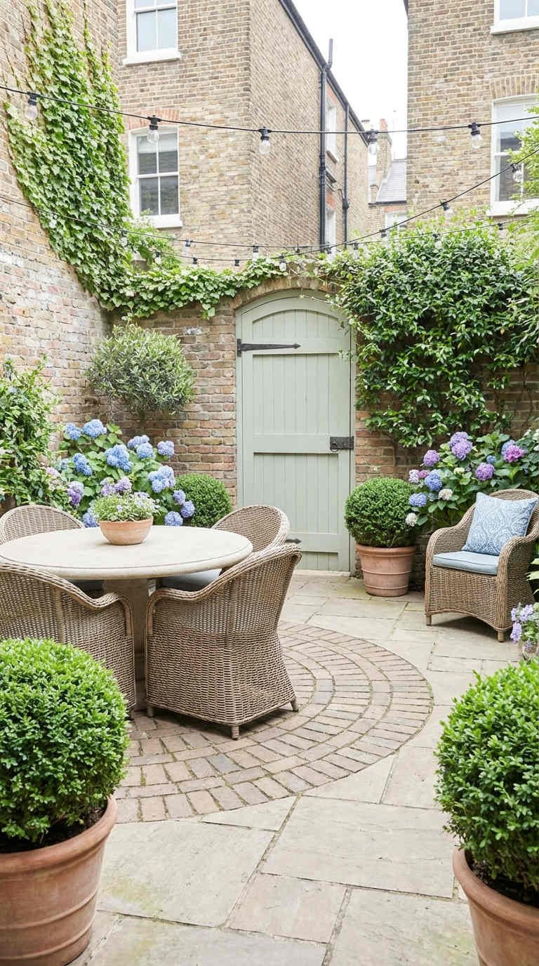 cour brique porte sauge hortensias osier