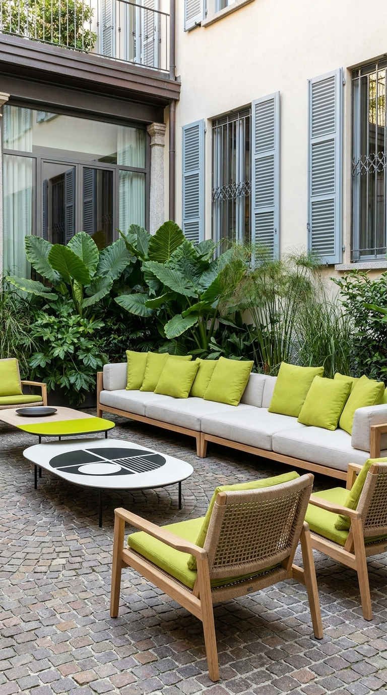 cour urbaine coussins vert anis