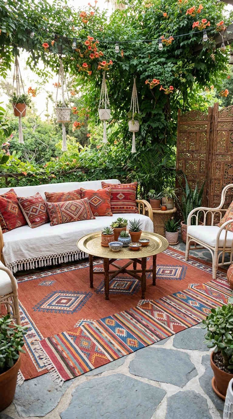 patio boheme tapis colores plantes
