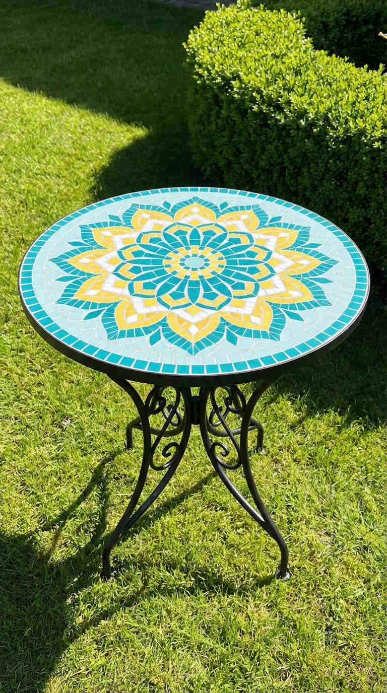 table mosaique mandala turquoise jaune gazon