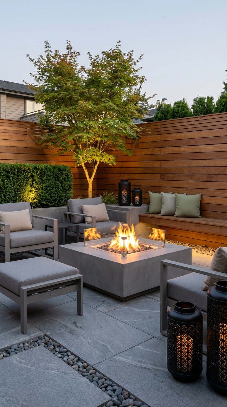 terrasse brasero verre banc bois