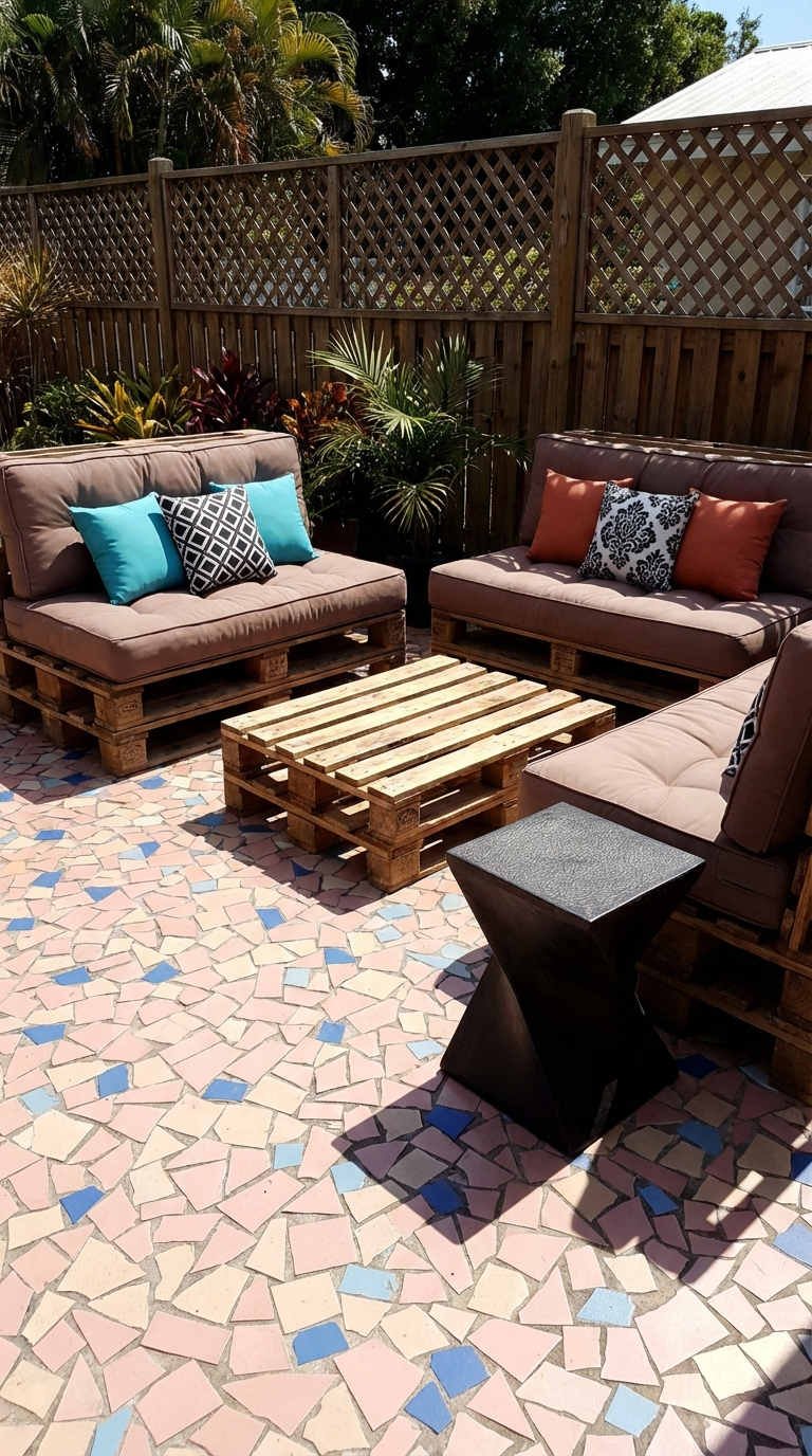 terrasse palette mosaique taupe turquoise