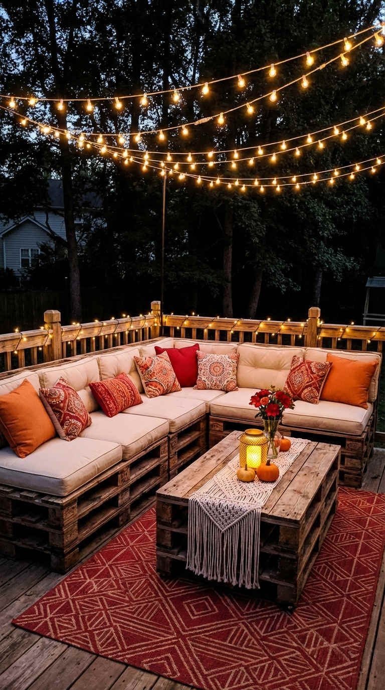 terrasse palette soiree guirlandes coussins rouges