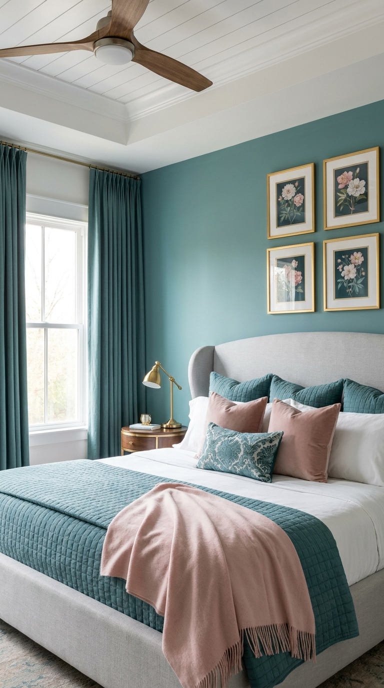 chambre bleu canard rose poudre