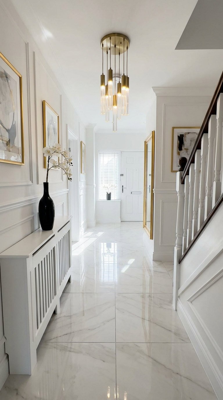 couloir blanc marbre lustre dore