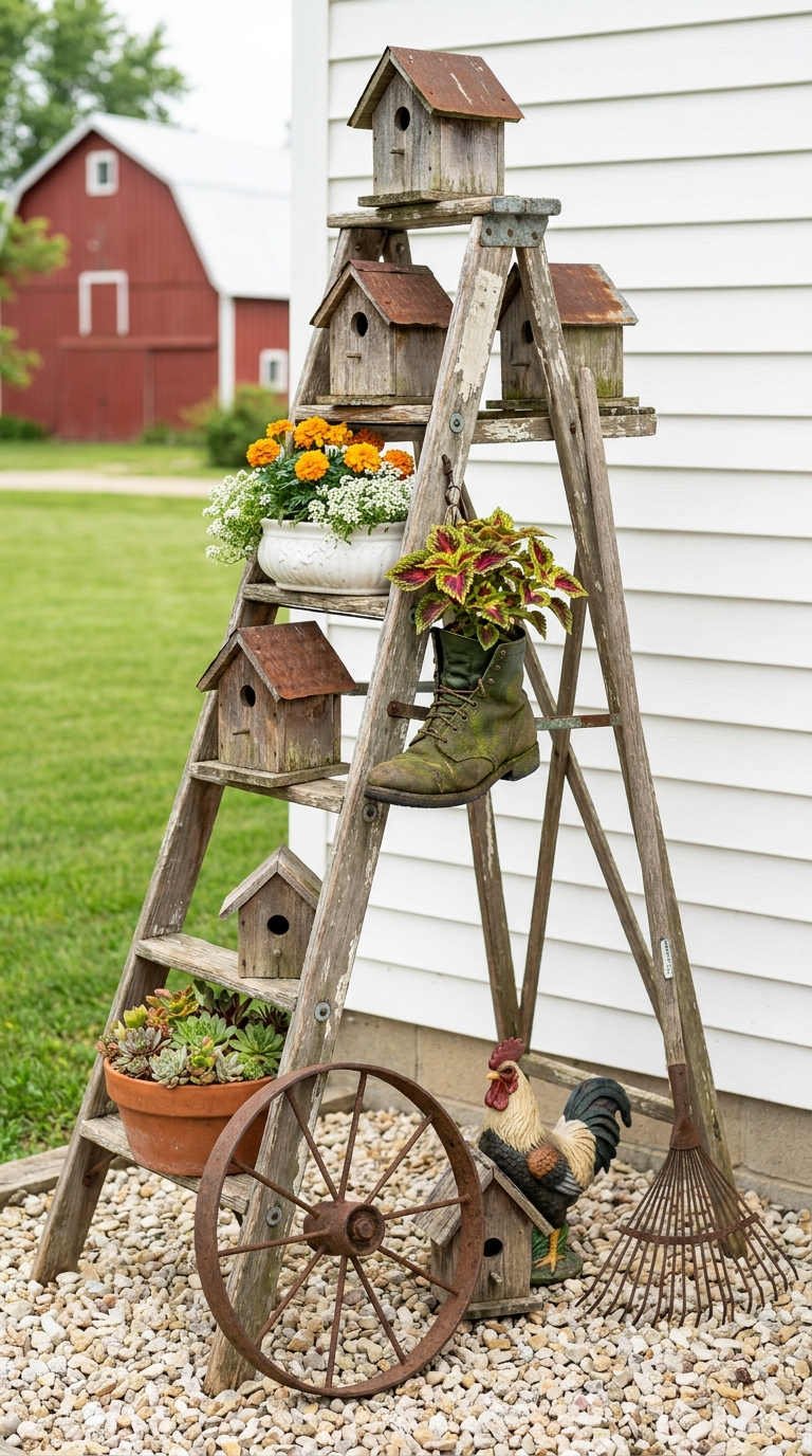 echelle rustique nichoirs fleurs