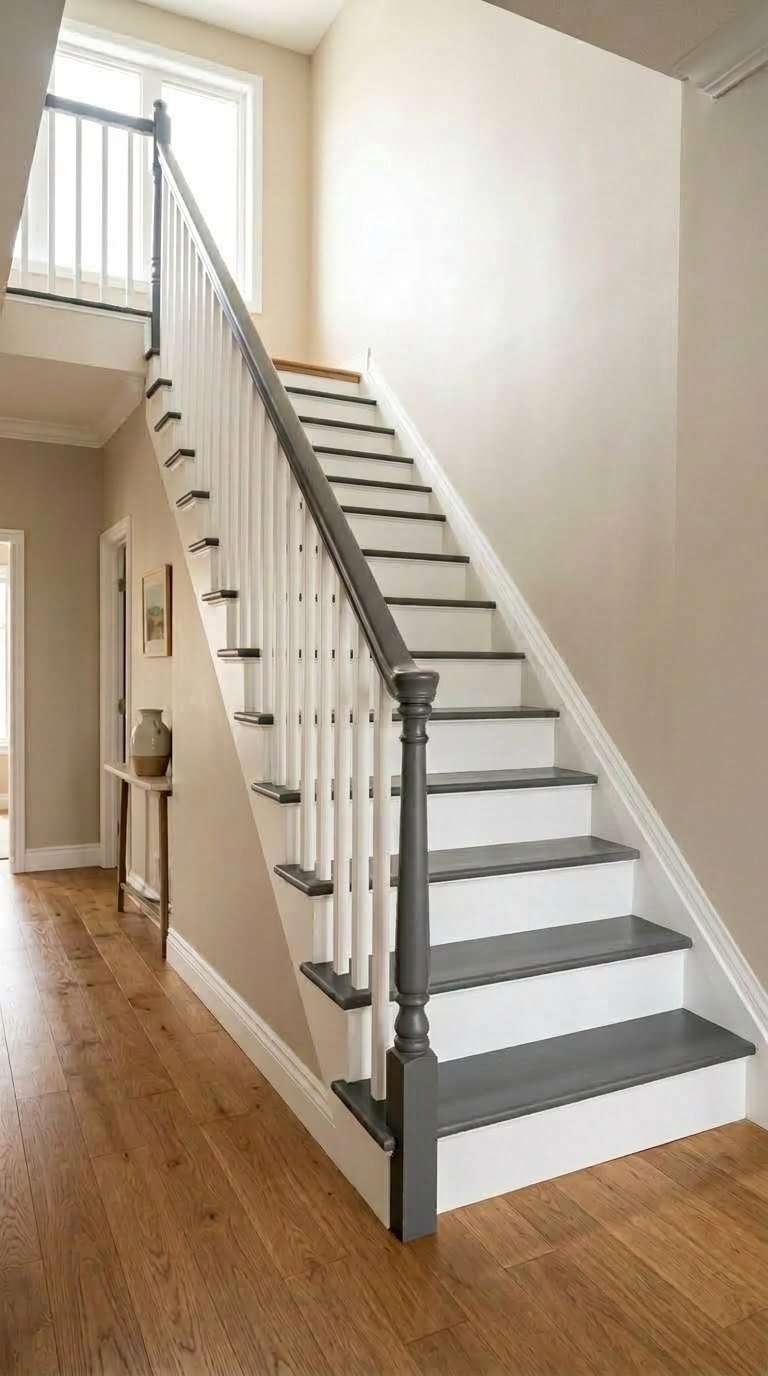 escalier bois gris blanc classique
